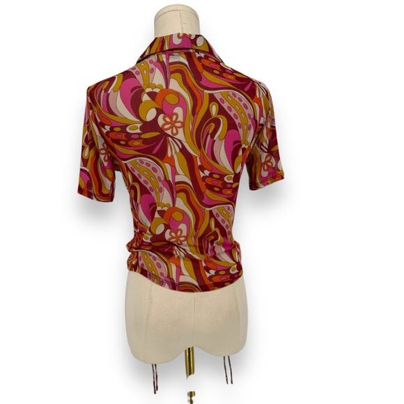 Sweet Rain Micro Mesh 90s does 70s Groovy Print Baby Tee Shirt Top S Y2K Vintage - Picture 2 of 7